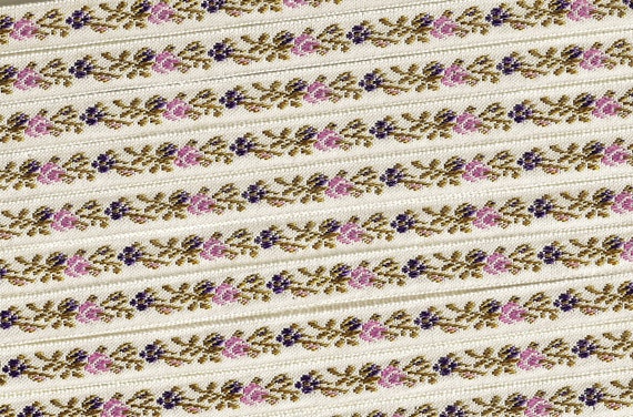 FLORAL A-08-A Jacquard Ribbon Poly Trim, 3/8" Wide (9mm) White Background w/Petite Pink & Purple Flowers, Tan Leaves
