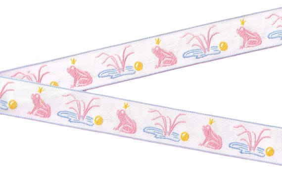 CHILDREN's Fairy Tales E-02-A Jacquard Ribbon Cotton Trim 1-1/8" wide (22mm) From France, White w/Frog Prince