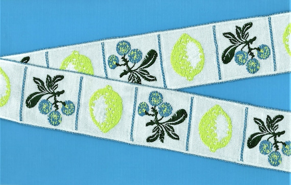 NOVELTY/Fruit H-01-A Jacquard Ribbon Cotton Trim, 1-5/8" Wide (41mm) VINTAGE, Block Design Limes & Blueberries on White w/Leaves, Per Yard