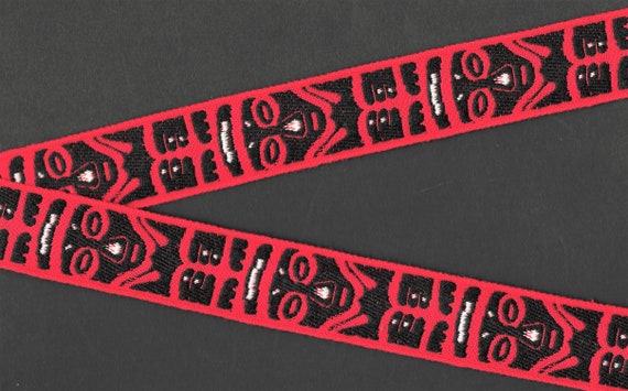 NATIVE AMERICAN G-17-B Jacquard Ribbon Cotton Trim 1-1/8" wide (28mm) VINTAGE Red w/Black Tribal Mask/Totem Designs White Accents