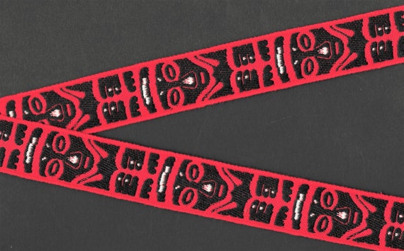 NATIVE AMERICAN G-17-B Jacquard Ribbon Cotton Trim 1-1/8" wide (28mm) VINTAGE Red w/Black Tribal Mask/Totem Designs White Accents, Per Yard