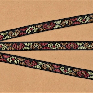 NATIVE AMERICAN B-21-A Jacquardlint Polyesterband 13 mm (13 mm) zwarte achtergrond Patroon rood, koper en licht limoengroen