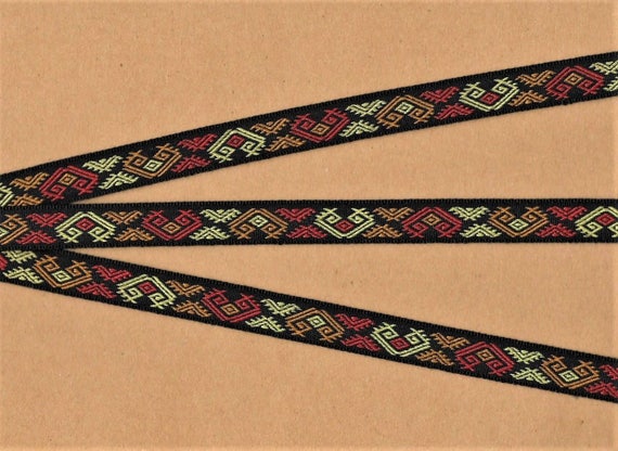 NATIVE AMERICAN B-21-A Jacquard Ribbon Polyester Trim 1/2" Wide (13mm) Black Background Red, Copper & Pale Lime Green Pattern