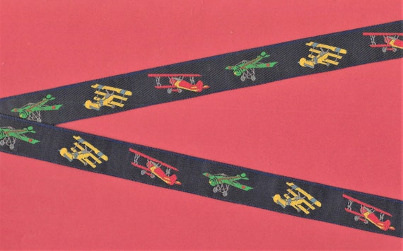NOVELTY D-02-A Jacquard Ribbon Poly Trim 3/4" wide (20mm) VINTAGE Dark Navy Background w/Yellow Triplanes, Red Biplanes, Green Monoplanes