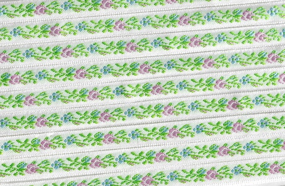 FLORAL A-08-U Jacquard Ribbon Poly Trim 7/16" wide Off-White Background w/Petite Pink & Blue Flowers, Green Leaves