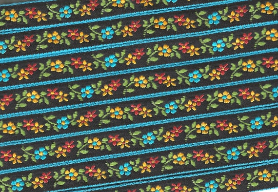FLORAL B-20-H Jacquard Ribbon Cotton Trim 1/2" wide (13mm) Black (Turq Borders) Turq/Brown & Yellow Edelweiss