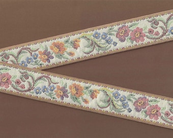FLORAL TAPESTRY H-09-E Jacquard Ribbon Cotton Trim 1-1/2&quot; wide (38mm) Cream Background Multi-Colored Flowers, Green Leaves