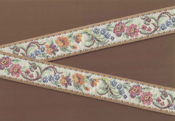 FLORAL TAPESTRY H-09-E Jacquard Ribbon Cotton Trim 1-1/2" wide (38mm) Cream Background Multi-Colored Flowers, Green Leaves