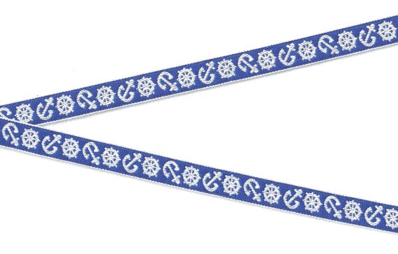 CHILDREN's NAUTICAL C-14-A Jacquard Ribbon Cotton Trim 9/16" wide (15mm) VINTAGE Royal Blue Background with White Anchors & Captain's Wheels
