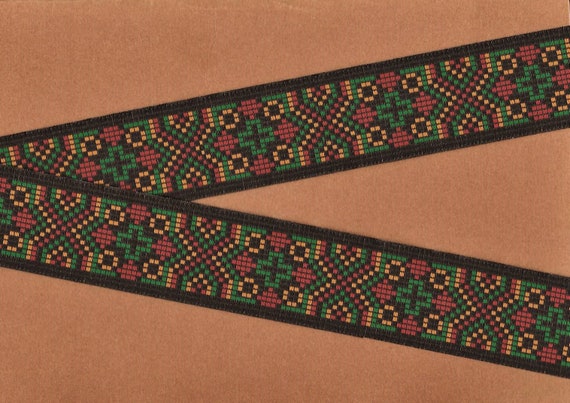 NATIVE AMERICAN G-05-A Jacquard Ribbon Poly Trim, 1-5/8" Wide (40mm) Black w/Green/Gold/Copper "Cross Stitch" Design Pattern