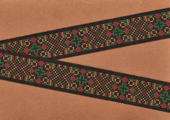 NATIVE AMERICAN G-05-A Jacquard Ribbon Poly Trim, 1-5/8" Wide (40mm) Black w/Green/Gold/Copper "Cross Stitch" Design Pattern, Per Yard