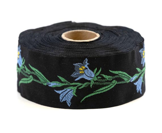 KAFKA G-02/09 Jacquard Ribbon Woven Organic Cotton Trim 1-1/4" wide (32mm) Black Background w/Blue & Yellow Bellflowers, Green Stems/Leaves