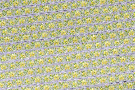 FLORAL A-05-K Jacquard Ribbon Poly Trim 5/16" wide, From Switzerland, Lilac w/Variegated Yellow Flowers, Olive Green Leaves, Per Yard