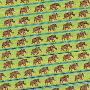 ANIMALES/Vida salvaje A-01-E Cinta de jacquard con ribete de poliéster de 3/8" de ancho (9 mm) VINTAGE Fabricada en Francia Elefantes tostados Acentos azules sobre verde lima