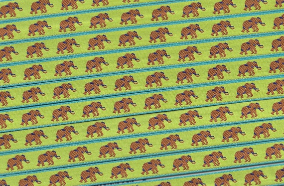 ANIMALS/Wildlife A-01-E Jacquard Ribbon Poly Trim 3/8" wide (9mm) VINTAGE Made in France Tan Elephants Blue Accents on Lime Green