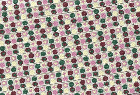 GEOMETRIC A-19-A Jacquard Ribbon Poly Trim, 3/8" Wide (9mm) Ivory w/Green, Pink, Beige, Ivory Dots & Stars