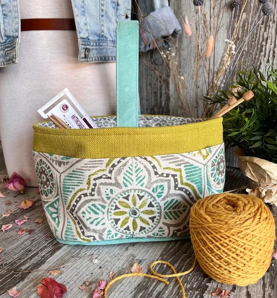 ATENTI Handmade Bags "AMALFI" Cream/Green & Gray Floral, 8-Pocket Short Bucket Organizer, Needle Arts/Knitting Bag, Diaper Bag, USA Made