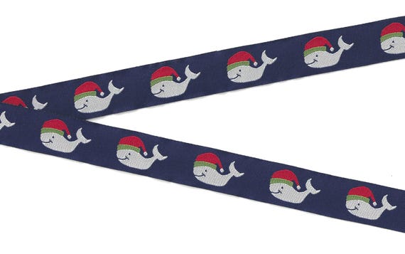HOLIDAY E-45-A Jacquard Ribbon Poly Trim 7/8" wide (22mm) Whales in Santa Hats