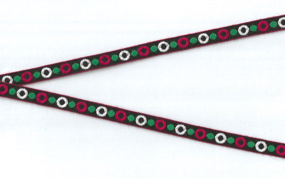 HOLIDAY A-06-A Jacquard Ribbon Cotton Trim 3/8" Wide (9mm) VINTAGE Narrow, Black with Red & White Circles, Green Dots