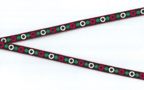 HOLIDAY A-06-A Jacquard Ribbon Cotton Trim 3/8" Wide (9mm) VINTAGE Narrow, Black with Red & White Circles, Green Dots, Per Yard