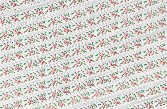 FLORAL A-05-G Jacquard Ribbon Rayon Trim 5/16" wide Made in France White Background w/Red & Pastel Pink Flowers, Green Leaves