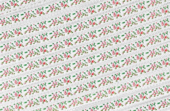 FLORAL A-05-G Jacquard Ribbon Rayon Trim 5/16" wide Made in France White Background w/Red & Pastel Pink Flowers, Green Leaves