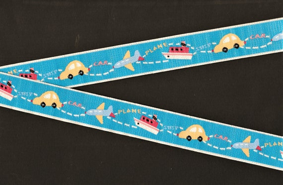 CHILDREN's F-02-A Jacquard Ribbon Polyester Trim 1" wide (25mm) Blue Background w/Plane, Ship & Car Motif
