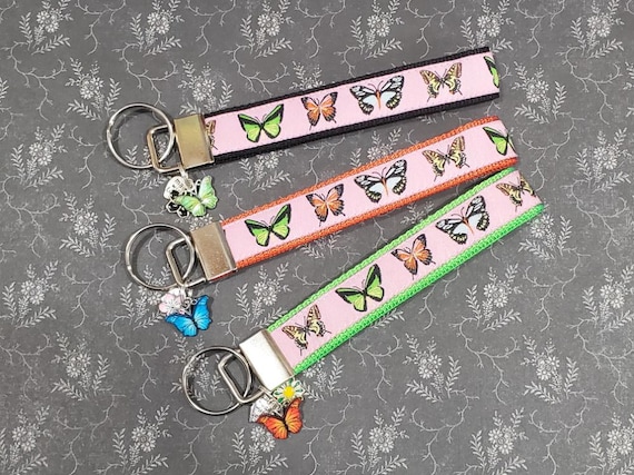 Jacquard Ribbon/Nylon Web 3/4" wide (20mm) Key Fobs, Pink w/Multi-Colored Butterflies w/Charms, Keychain, Wristlet, Luggage Tags 5.5" long