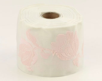 KAFKA L-06/03 Jacquard Ribbon Woven Organic Cotton Trim 2-3/8" wide (60mm) Ivory Background w/Pale Pink Tulips