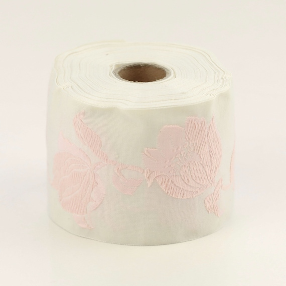 KAFKA L-06/03 Jacquard Ribbon Woven Organic Cotton Trim 2-3/8" wide (60mm) Ivory Background w/Pale Pink Tulips
