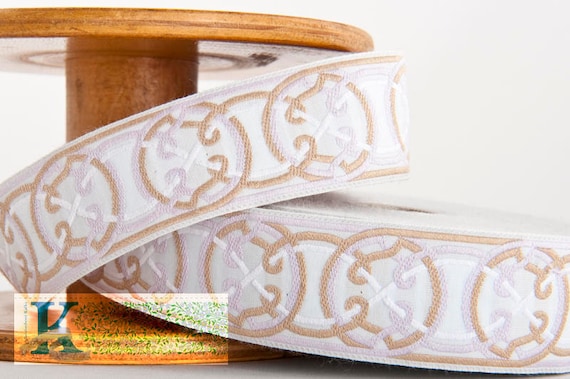 KAFKA G-11/04 Jacquard Ribbon Woven Organic Cotton Trim 1-1/4" wide (32mm) Lt Gray w/Beige, Lilac & White Celtic Circles