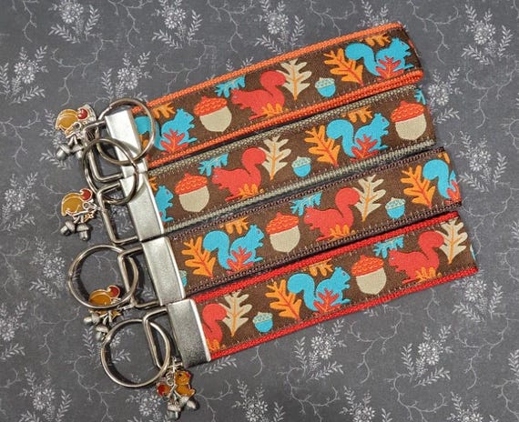 Jacquard Ribbon/Nylon Web 1" wide (25mm) Key Fobs Autumn Squirrels on Brown w/Charms, Wristlet, Luggage Tags 5.5" long