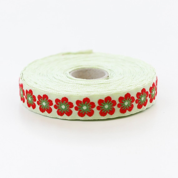 KAFKA C-05/12 Jacquard Ribbon Woven Organic Cotton Trim 5/8" wide (16mm) Lime Background w/Red "B&B Blooms", Green Accents, Per Yard