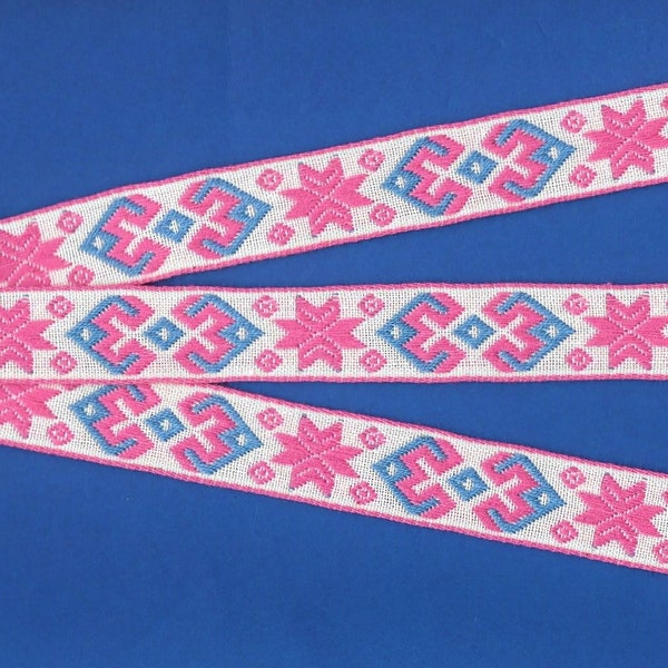 SNOWFLAKES D-19-C Jacquard Ribbon Cotton Trim 3/4" Wide (20mm) VINTAGE, European, Nordic, White w/Pink Snowflakes, Blue Accents, Per Yard