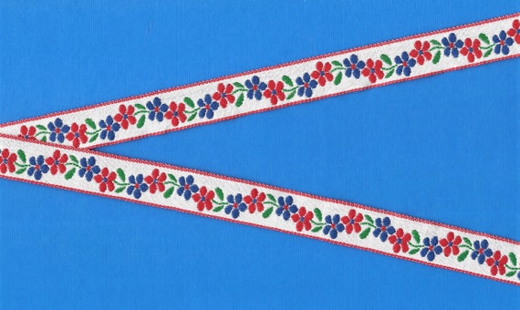 FLORAL C-44-A Jacquard Ribbon Cotton Trim 5/8" wide (16mm) White w/Red & Royal Blue Flowers, Red Borders, Green Leaves