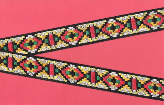 NATIVE AMERICAN G-03-C Jacquard Ribbon Trim Poly/Cotton 1-1/8" wide (28mm) Black, Red, Green, Gold, Yellow, White Tribal Design, Per Yard