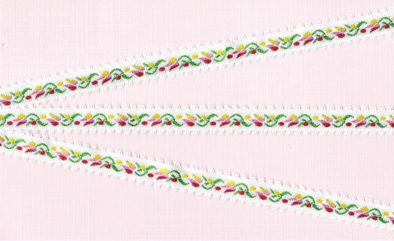 FLORAL B-24-C Jacquard Ribbon Trim, Rayon, 1/2" Wide, White w/Picot Edging Variegated Yellow/Pink/Red Tulips, Yellow & Red Dots, Per Yard