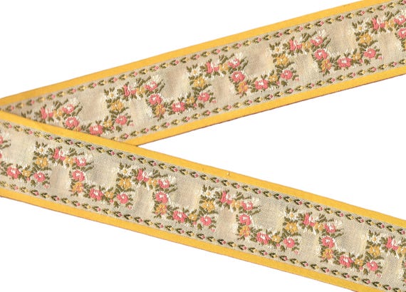 FLORAL K-10-A Jacquard Ribbon Cotton Trim 2" wide (50mm) Beige Linen w/Pink & Yellow Flowers