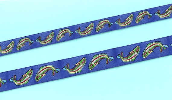 RDS 22-C Jacquard Ribbon Poly Trim Blue Background Rainbow Fish & Metallic Silver Accents 5/8" (16mm) or 7/8" (22mm) Width/Length Options