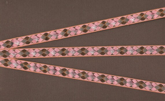 GEOMETRIC B-25-D Jacquard Ribbon Polyester Trim 1/2" wide (13mm) RARE Made in France, Argyle Pattern in Warm Rose, Taupe & Brown Tones