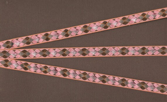 GEOMETRIC B-25-D Jacquard Ribbon Poly Trim, 1/2" Wide (13mm) RARE Made in France, Argyle Pattern in Warm Rose, Taupe & Brown Tones, Per Yard