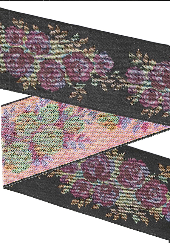FLORAL TAPESTRY N-03-H Jacquard Ribbon Cotton Trim 4"wide (100mm) VINTAGE Black w/Roses