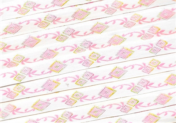 FLORAL A-23-A Jacquard Ribbon Cotton Trim, 7/16" wide VINTAGE Off-White w/Soft Pastel Tones in a Diamond Pattern with Pink Stems