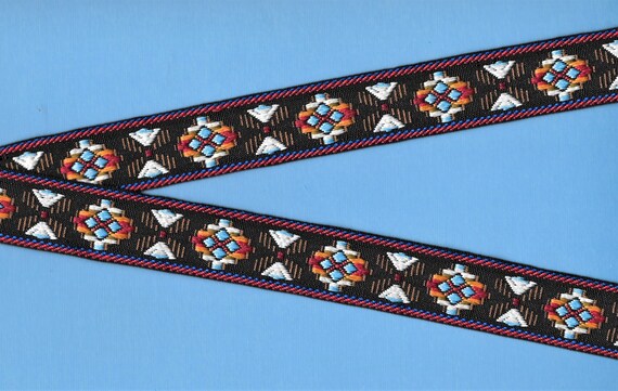 NATIVE AMERICAN F-09-A Jacquard Ribbon Poly Trim 1" wide (25mm) Tribal Design in Black w/Blue, Orange, Red, Brown & White Accents