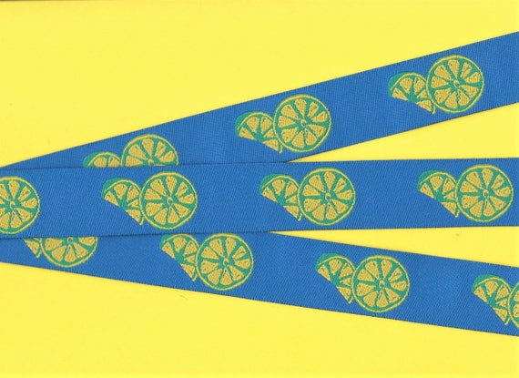 NOVELTY/Fruit F-01-A Jacquard Ribbon Poly Trim 1" Wide (25mm) Lemons Fruit Slices on Blue Background, use as Appliques, Patches, Per Yard