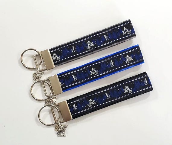 WILDLIFE Jacquard Ribbon/Nylon Web 1" wide (25mm) Key Fobs, Blue w/Howling Wolf, Charms, Keychain, Wristlet, Luggage Tags 5.5" long