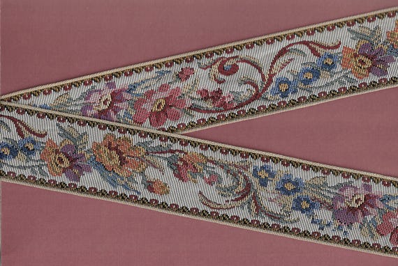 FLORAL TAPESTRY M-08-B Jacquard Ribbon Poly Trim 2-1/8" wide (54mm) Gray w/Purple, Pink, Blue, Orange & Gold Flowers, Green Leaves