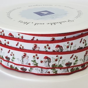 DANIELA DRESCHER Children Jacquard Ribbon Woven Trim 5/8&quot; wide (16mm) From Germany White Background w/Gnomes & Strawberries in the Garden