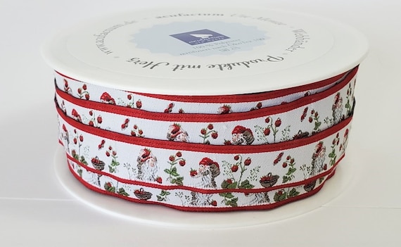 DANIELA DRESCHER Children Jacquard Ribbon Woven Trim 5/8" wide (16mm) From Germany White Background w/Gnomes & Strawberries in the Garden