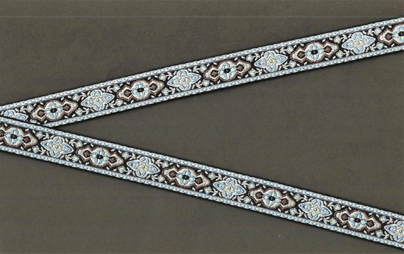 GEOMETRIC C-06-i Jacquard Ribbon Polyester Trim 5/8" wide (16mm) Black w/Lt. Blue, Brown & Gray Renaissance Medieval Design, Per Yard